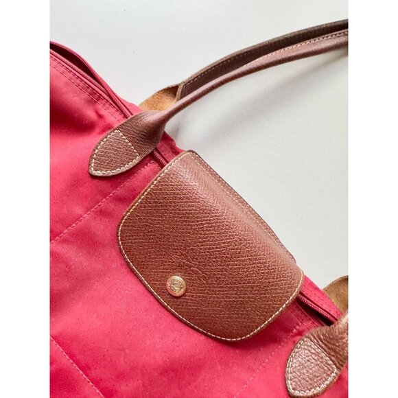 *Worn* LONGCHAMP Le Pliage Original M Red Nylon Canvas Leather Trim Tote Bag - Picture 9 of 16